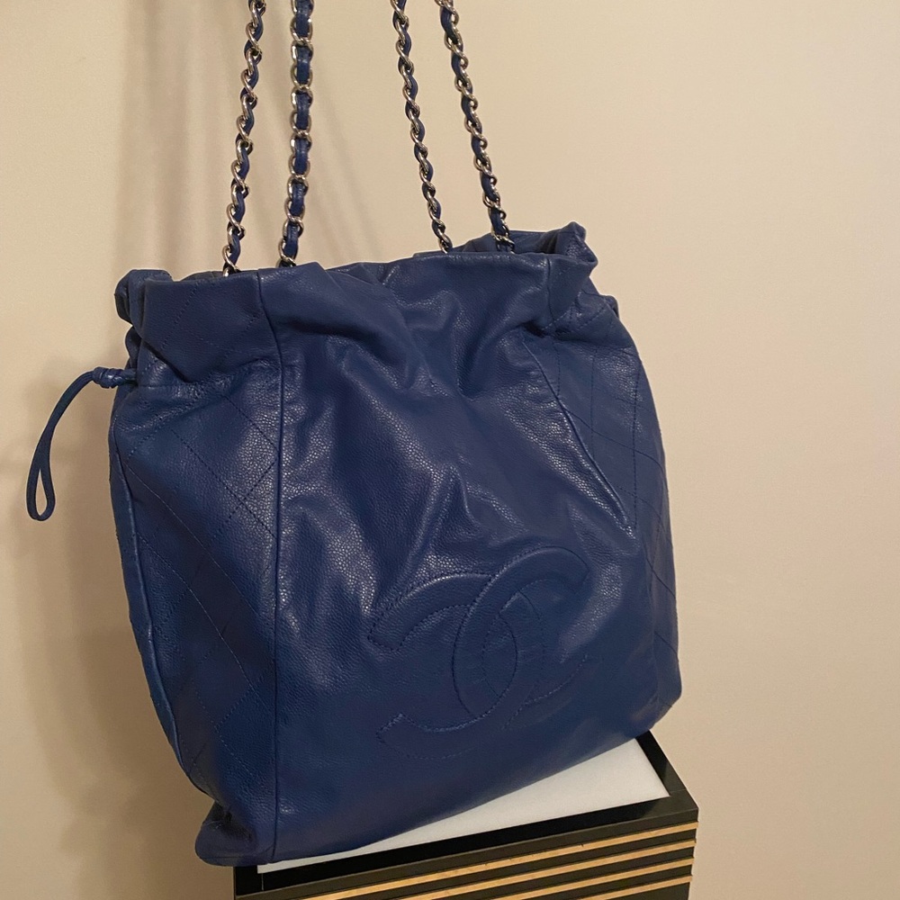 Chanel Large Blue Caviar Drawstring Tote Bag